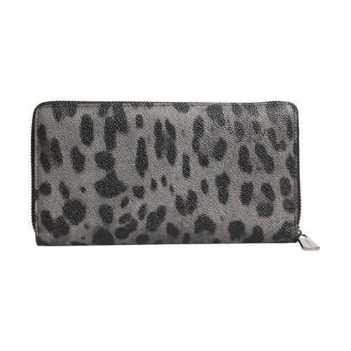 Dolce & Gabbana Black Gray Leopard Leather Zip Around Continental Wallet