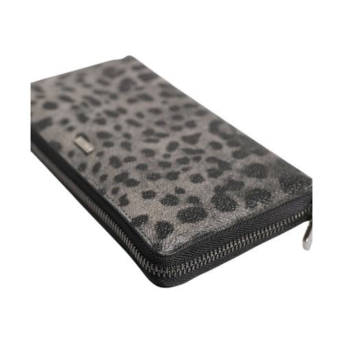Dolce & Gabbana Black Gray Leopard Leather Zip Around Continental Wallet