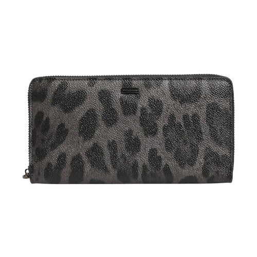 Dolce & Gabbana Black Gray Leopard Leather Zip Around Continental Wallet
