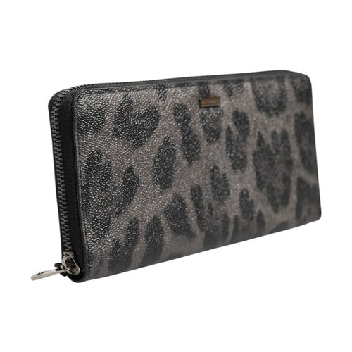 Dolce & Gabbana Black Gray Leopard Leather Zip Around Continental Wallet