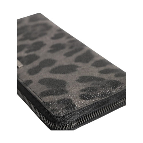 Dolce & Gabbana Black Gray Leopard Leather Zip Around Continental Wallet