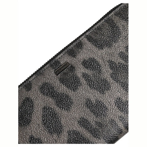 Dolce & Gabbana Black Gray Leopard Leather Zip Around Continental Wallet