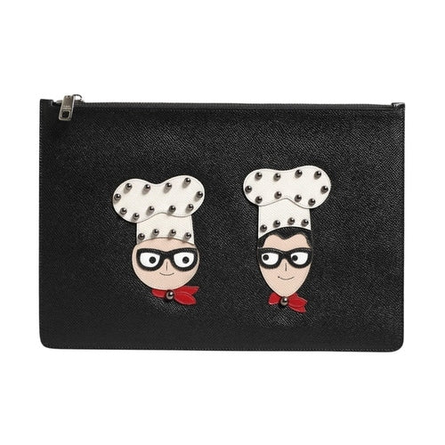 Dolce & Gabbana Black Leather #DGFAMILY Embellished Men Clutch Pouch Bag