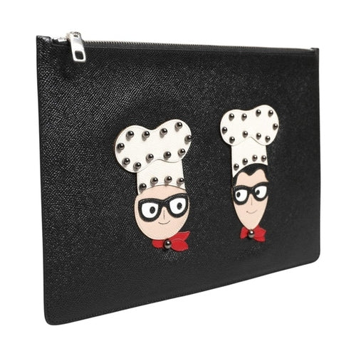 Dolce & Gabbana Black Leather #DGFAMILY Embellished Men Clutch Pouch Bag