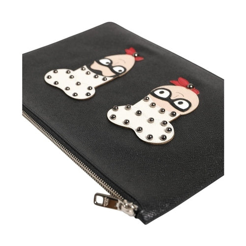 Dolce & Gabbana Black Leather #DGFAMILY Embellished Men Clutch Pouch Bag