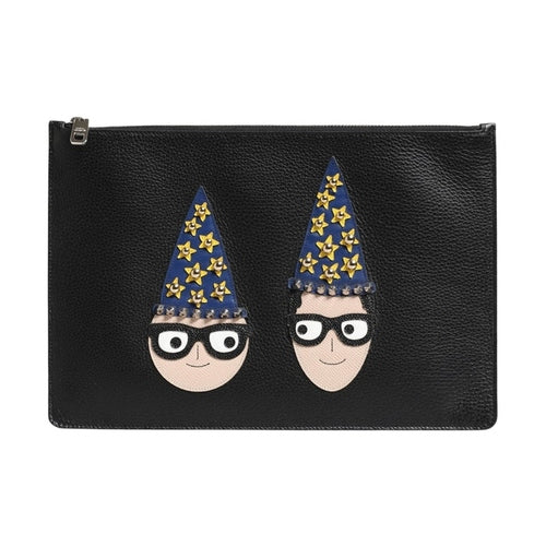 Dolce & Gabbana Black Leather #DGFAMILY Embellished Men Clutch Pouch Bag