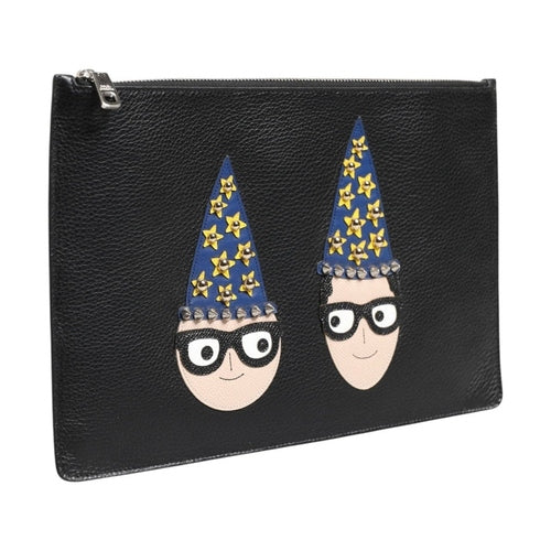 Dolce & Gabbana Black Leather #DGFAMILY Embellished Men Clutch Pouch Bag