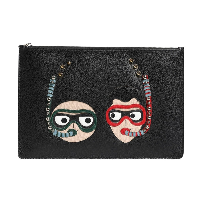 Dolce & Gabbana Black Leather #DGFAMILY Embellished Men Clutch Pouch Bag