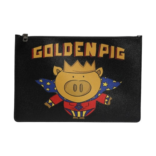 Dolce & Gabbana Black Leather Golden Pig Print Men Clutch Pouch Borse Bag