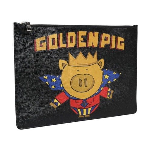 Dolce & Gabbana Black Leather Golden Pig Print Men Clutch Pouch Borse Bag