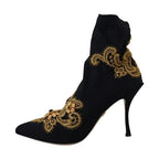 Dolce & Gabbana Black Gold Embroidery Crystal Boots Shoes
