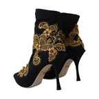 Dolce & Gabbana Black Gold Embroidery Crystal Boots Shoes