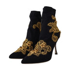 Dolce & Gabbana Black Gold Embroidery Crystal Boots Shoes