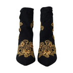 Dolce & Gabbana Black Gold Embroidery Crystal Boots Shoes