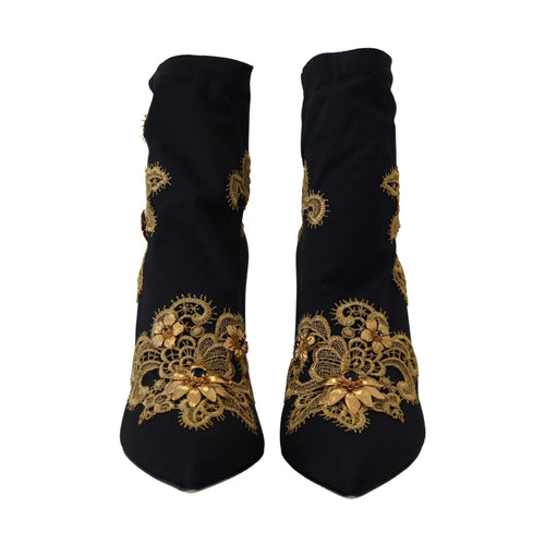 Black Gold Embroidery Crystal Boots Shoes