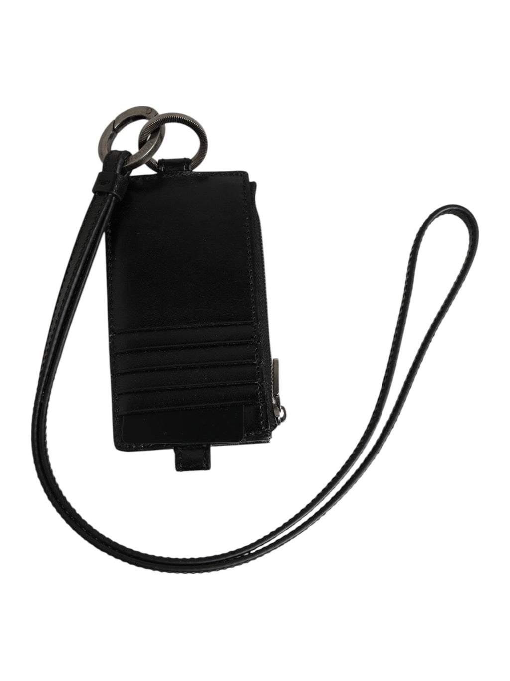 Dolce & Gabbana Black Leather Logo Embossed Lanyard Card Holder Wallet