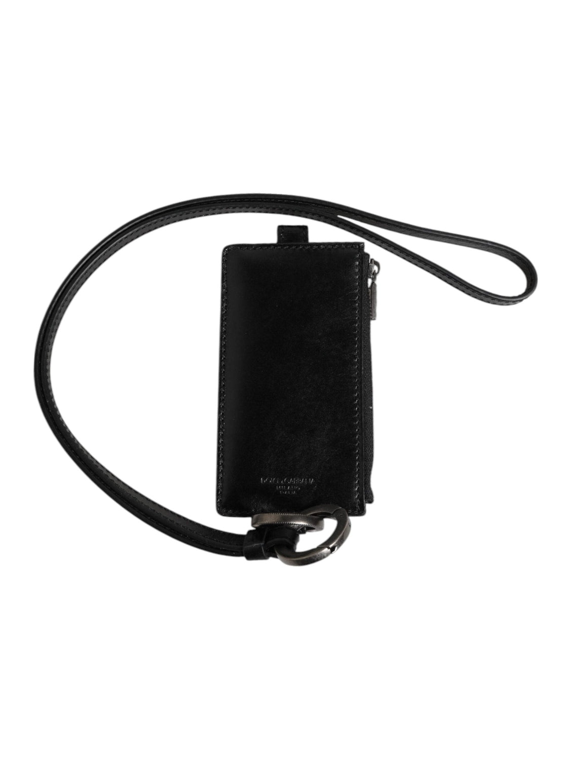 Dolce & Gabbana Black Leather Logo Embossed Lanyard Card Holder Wallet