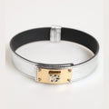Silver Textured Leather Gold Tone Metal Neckband