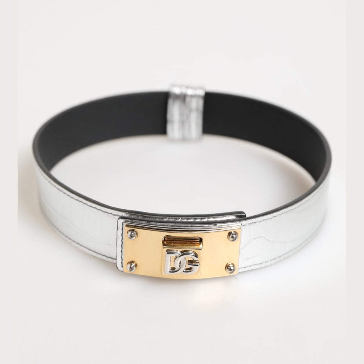 Silver Textured Leather Gold Tone Metal Neckband