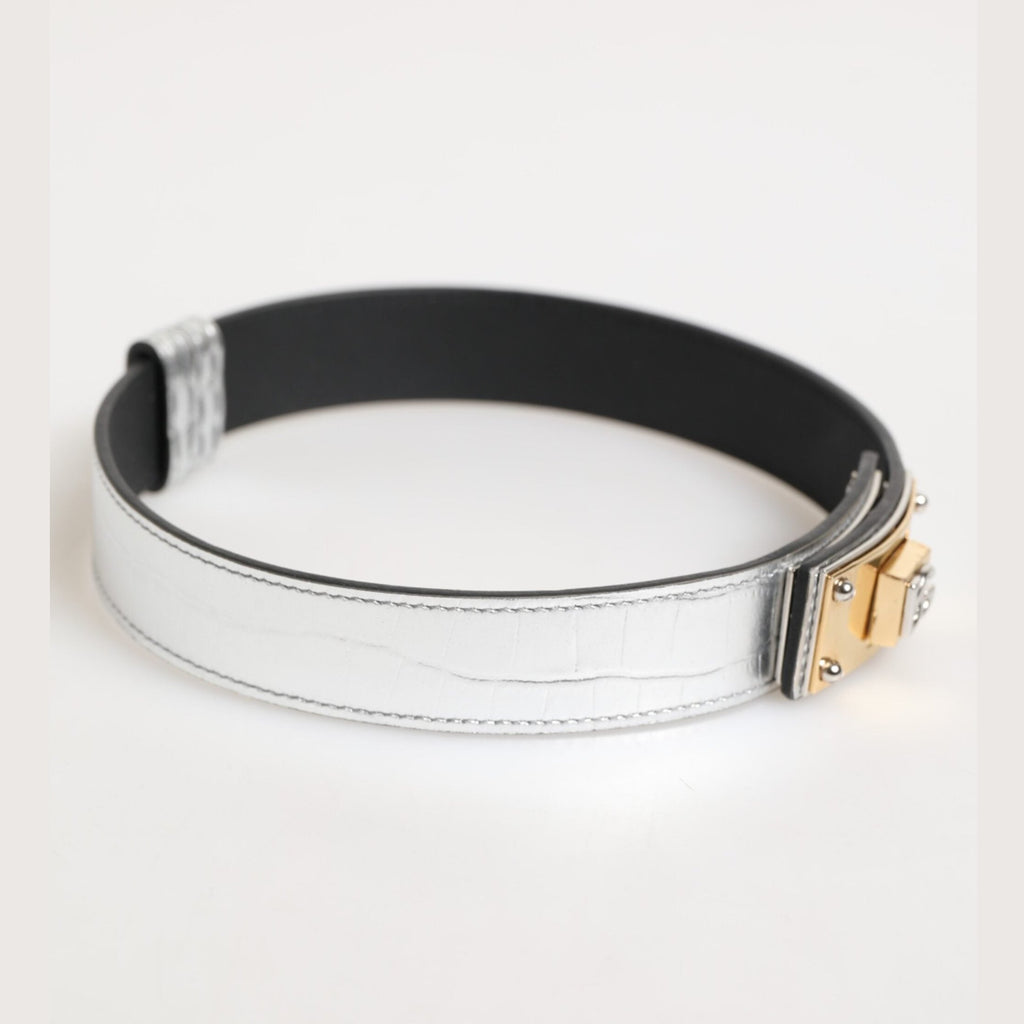 Silver Textured Leather Gold Tone Metal Neckband