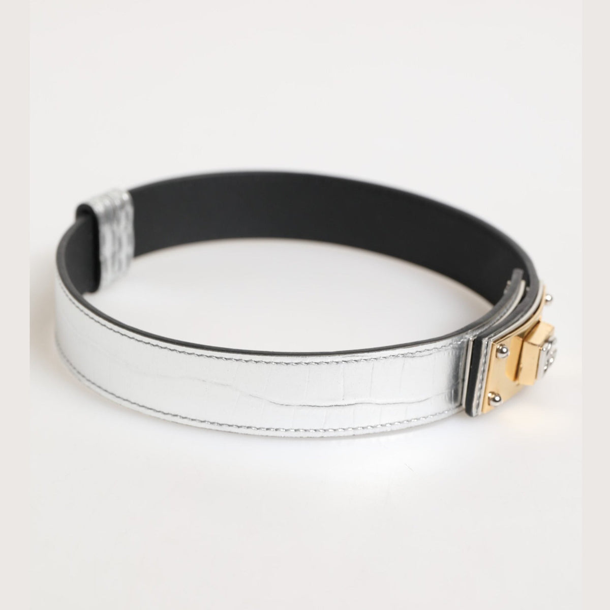 Silver Textured Leather Gold Tone Metal Neckband