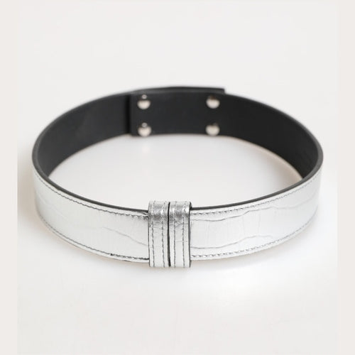 Dolce & Gabbana Silver Textured Leather Gold Tone Metal Neckband