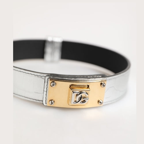 Dolce & Gabbana Silver Textured Leather Gold Tone Metal Neckband
