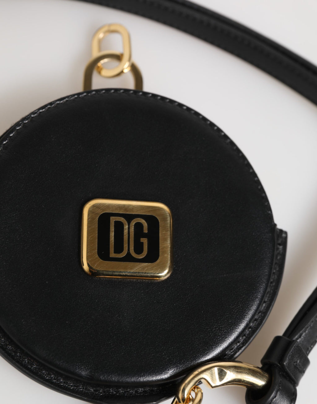 Dolce & Gabbana Black Round Leather DG Logo Coin Purse Lanyard Wallet