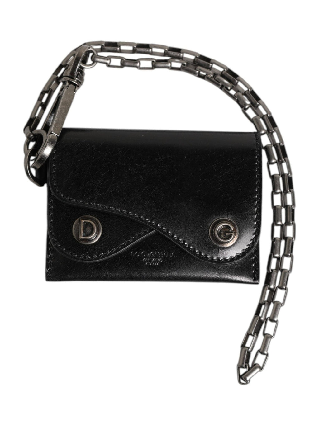 Dolce & Gabbana Black Cavallo Leather Wallet Chain Snap Bifold Card Holder
