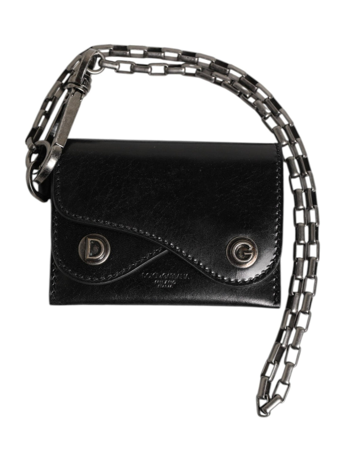 Dolce & Gabbana Black Cavallo Leather Wallet Chain Snap Bifold Card Holder