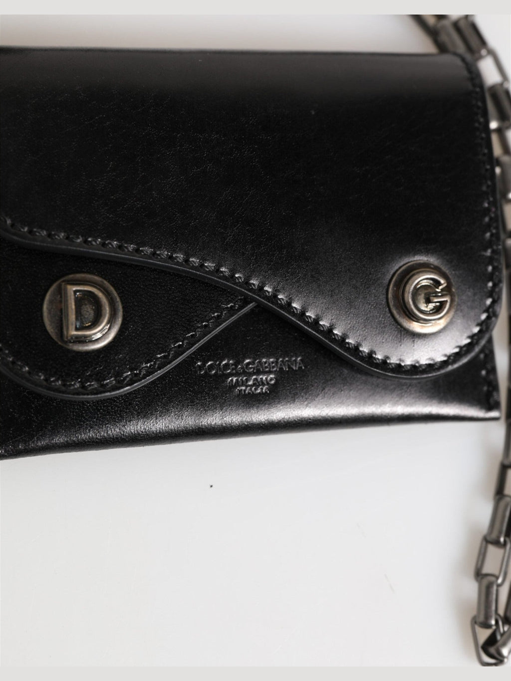 Dolce & Gabbana Black Cavallo Leather Wallet Chain Snap Bifold Card Holder