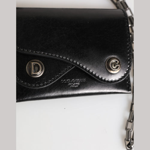 Black Cavallo Leather Wallet Chain Snap Bifold Card Holder