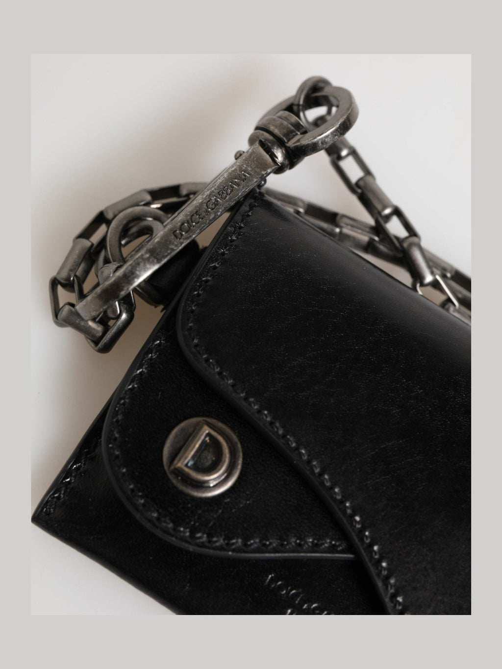 Dolce & Gabbana Black Cavallo Leather Wallet Chain Snap Bifold Card Holder