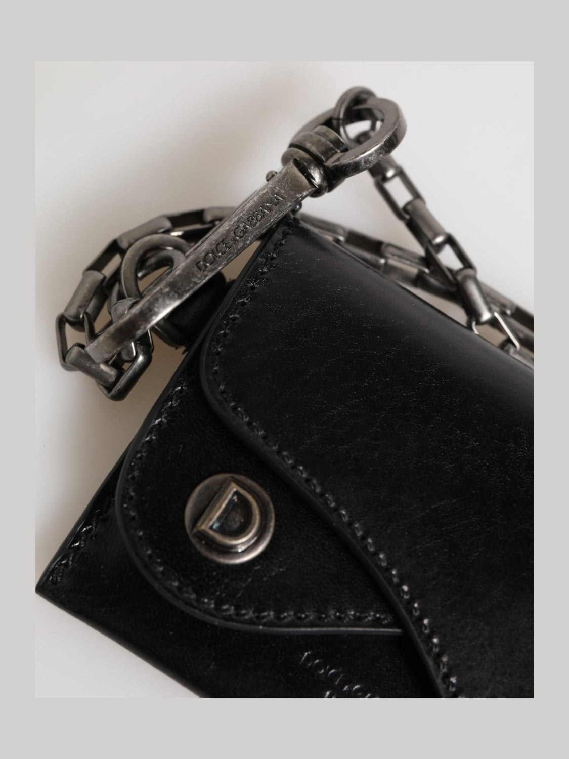 Dolce & Gabbana Black Cavallo Leather Wallet Chain Snap Bifold Card Holder