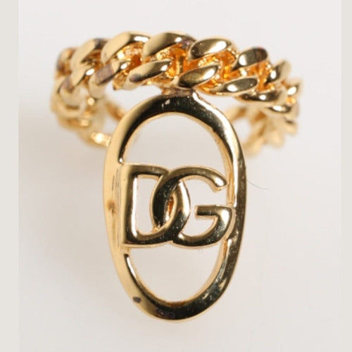 Dolce & Gabbana Gold Tone Brass Oval DG Logo Chain Adjustable Ring
