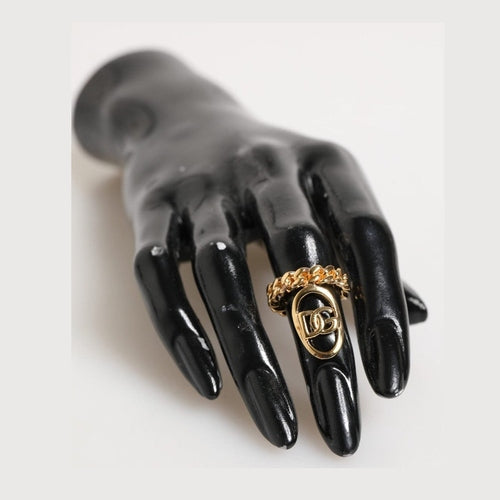 Dolce & Gabbana Gold Tone Brass Oval DG Logo Chain Adjustable Ring