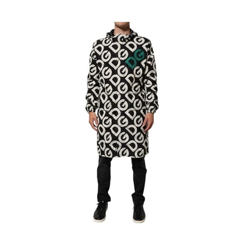 Dolce & Gabbana Black White Logo Print Hooded Coat Men Jacket