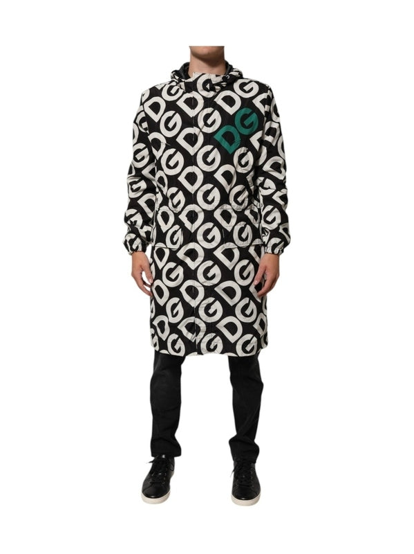 Dolce & Gabbana Black White Logo Print Hooded Coat Men Jacket