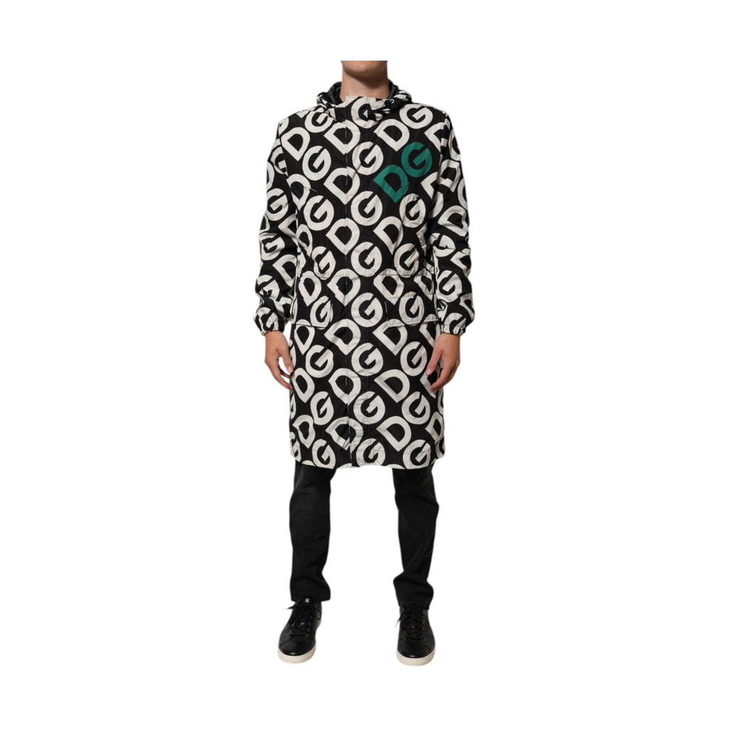 Dolce & Gabbana Black White Logo Print Hooded Coat Men Jacket