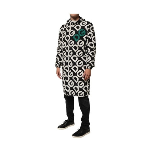 Dolce & Gabbana Black White Logo Print Hooded Coat Men Jacket