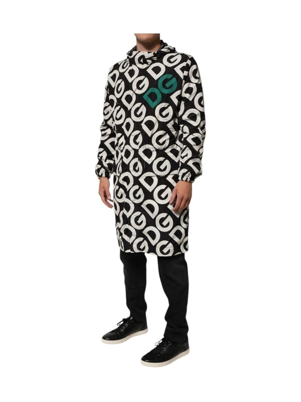 Dolce & Gabbana Black White Logo Print Hooded Coat Men Jacket