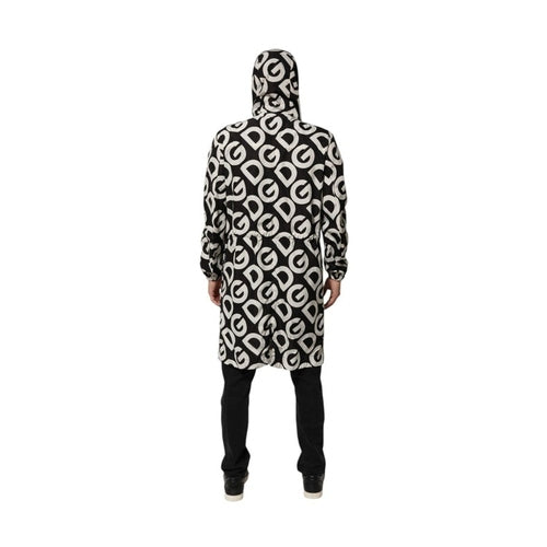 Dolce & Gabbana Black White Logo Print Hooded Coat Men Jacket