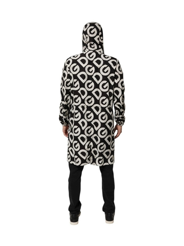 Dolce & Gabbana Black White Logo Print Hooded Coat Men Jacket