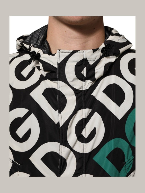 Dolce & Gabbana Black White Logo Print Hooded Coat Men Jacket