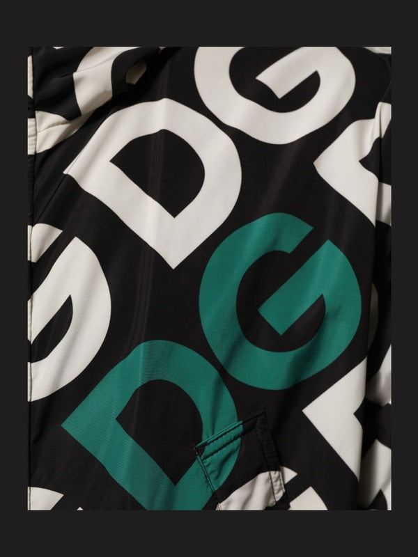Dolce & Gabbana Black White Logo Print Hooded Coat Men Jacket