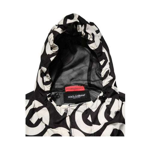 Dolce & Gabbana Black White Logo Print Hooded Coat Men Jacket