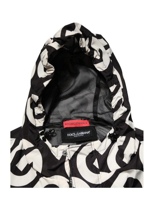 Dolce & Gabbana Black White Logo Print Hooded Coat Men Jacket