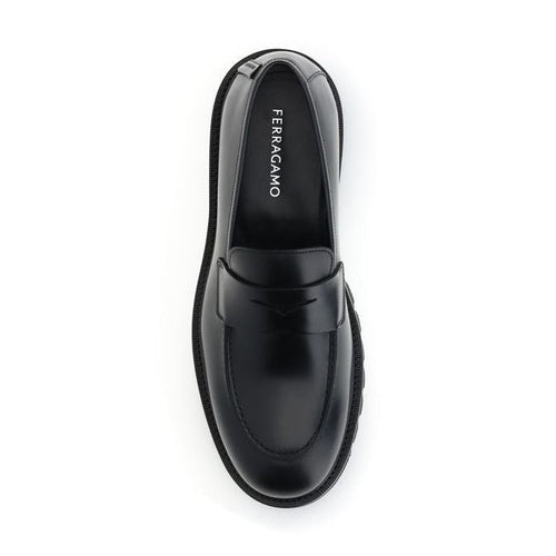 Ferragamo Black Calf Leather Bos Taurus Slip-On Loafers