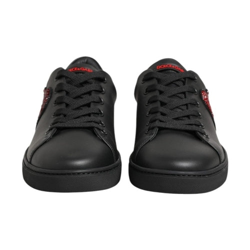 Dolce & Gabbana Black Leather Crystal Heart Low Top Sneakers  Shoes