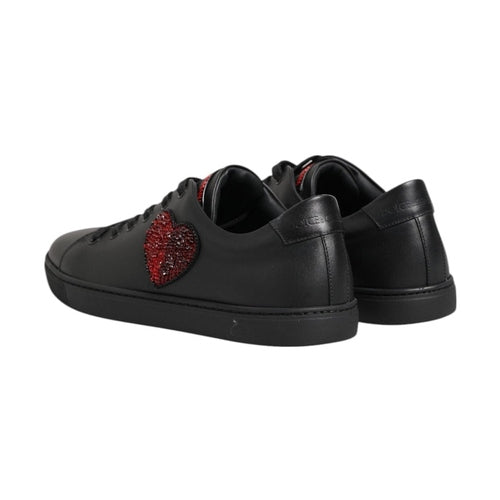 Dolce & Gabbana Black Leather Crystal Heart Low Top Sneakers  Shoes